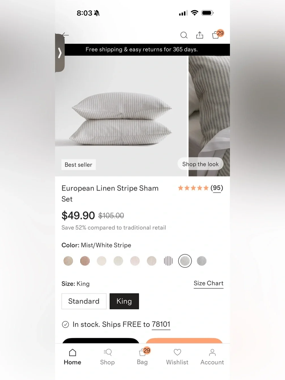 Mist Striped European Linen King Sham Set - Retail $50